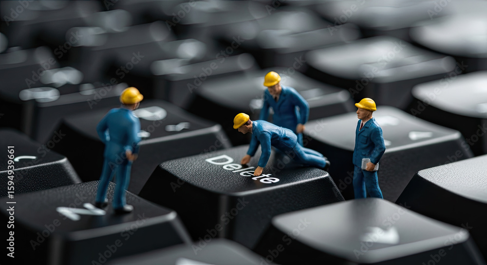 Poster miniature workers repairing delete key on keyboard, concept for it support, data recovery, system ma