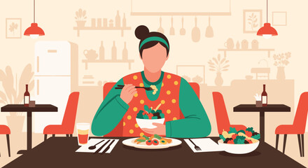 Person enjoying a healthy salad in a restaurant setting, perfect for a healthy eating blog or cookbook.