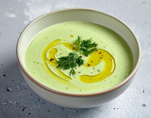 Chilled Cucumber Avocado Soup in Rustic Ceramic Bowl with Fresh Dill and Olive Oil Drizzle