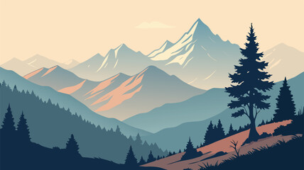 Fototapeta premium Tranquil Nature Scene of Mountains and Trees Silhouette