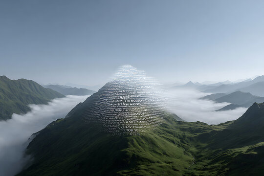 nature typography, words blend in landscape, merging with mountains and sky
