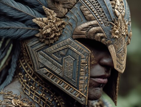 Close-up of a man wearing an elaborate feathered and gilded headdress.