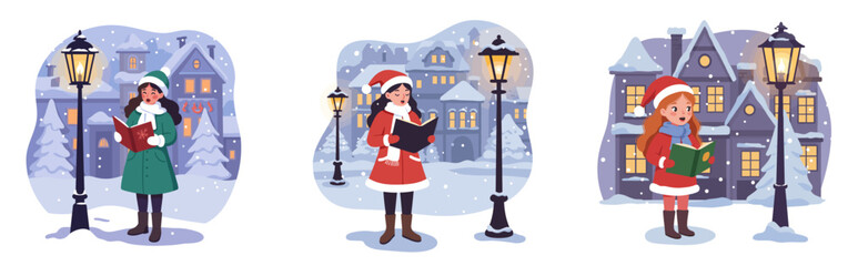 Christmas carolers singing in winter village with street lamps  