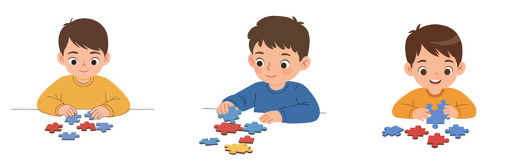 Three boys assembling colorful puzzle pieces on white background, isolated, vector, set   