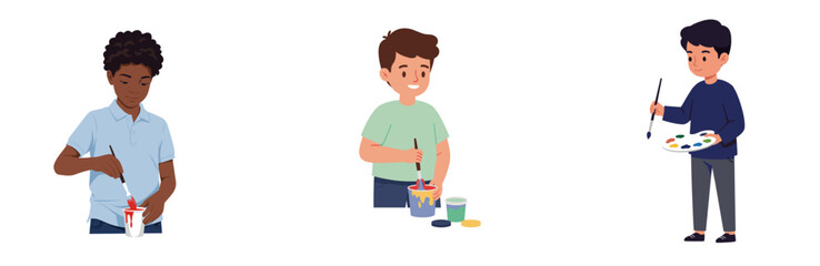 Boy engaging in painting and crafting with colorful supplies, white background, isolated, vector, set  
