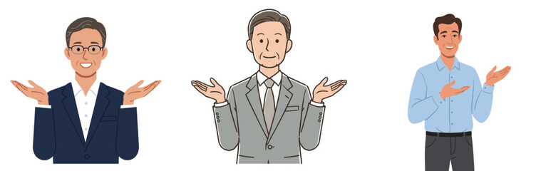 Businessman gesturing with open hands in expressive poses, white background, isolated, vector, set  