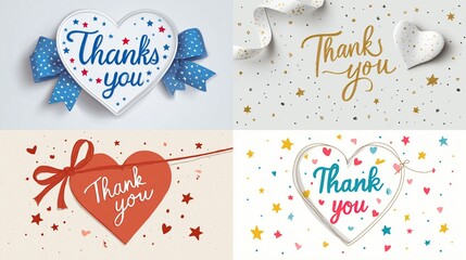 Four variations of "Thank You" designs feature heart shapes, ribbons, confetti, and handwritten script. Each design uses a different color scheme and style of embellishment