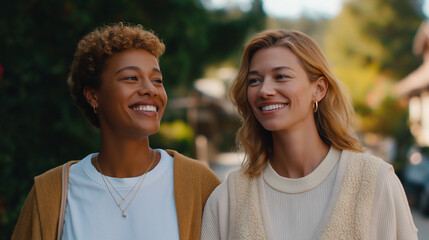 Obraz premium Two women enjoying a friendly stroll on a sunny street