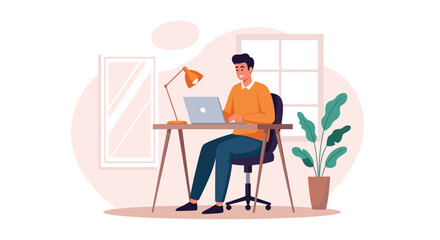 Happy man working on laptop at home office, perfect for website banners or blog posts about remote work.