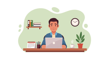 Senior man working on laptop at home office, perfect for website banners or blog posts about retirement or remote work.