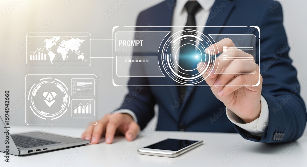 Poster a businessman interacting with a futuristic digital interface, selecting a prompt.