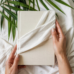 Hands holding a blank cream colored book covered with soft white fabric and green leaves