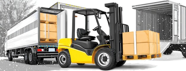 Naklejka premium Forklift unloading cargo boxes from a truck at a warehouse loading dock on a winter day with snowy surroundings