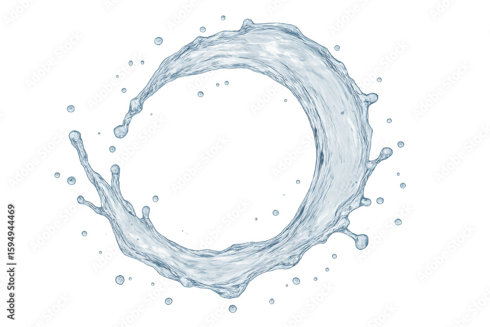 Poster water splash creating circular shape, transparent backdrop highlighting liquid dynamic movement and 