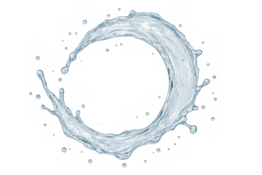 Water splash creating circular shape, transparent backdrop highlighting liquid dynamic movement and freshness for graphic design projects