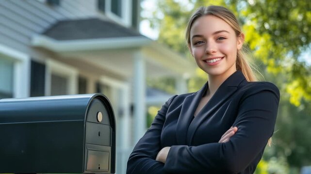 Professional real estate agent with a stylish look stands by a mailbox, showcasing a charming home with pristine siding and an inviting porch.