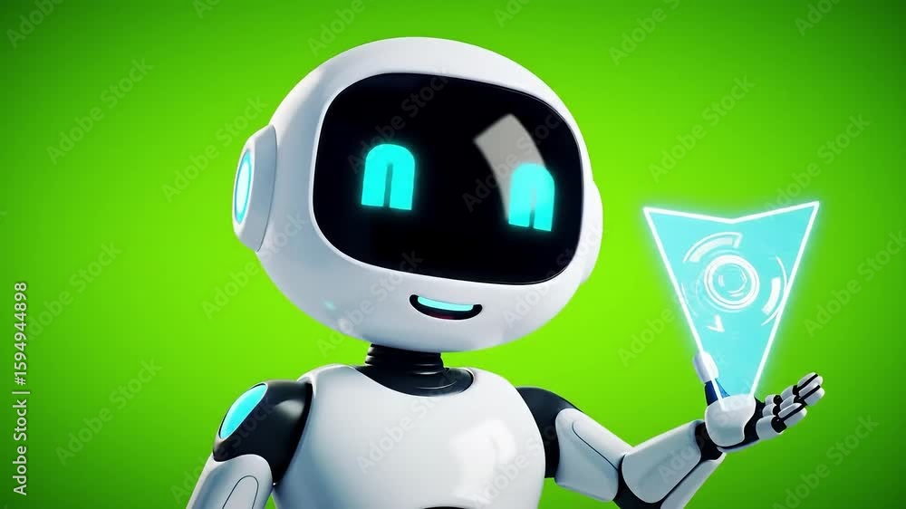 Poster friendly robot presenting futuristic technology and data with a bright green background