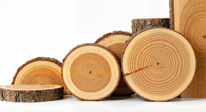 Wooden tree stumps arranged in various sizes on a white background  