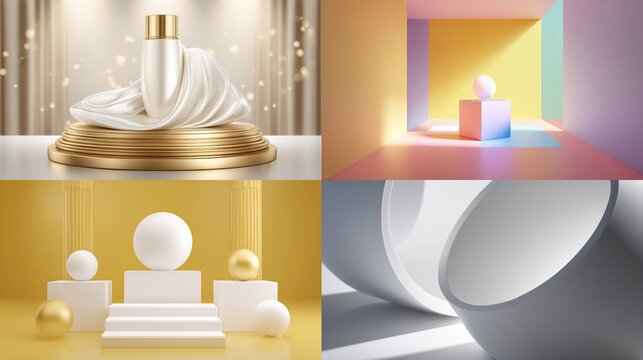 A digital collage showcasing four distinct product display scenes featuring minimalist geometric forms, elegant fabrics, and soft lighting, highlighting luxurious aesthetics and clean design