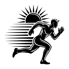 Dynamic Silhouette of a Runner with Sun and Motion Lines Capturing Speed and Energy in Artistic Black and White