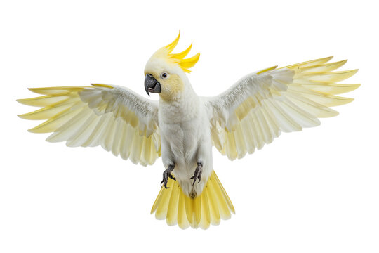 A sulphur crested cockatoo in glorious flight spreading its sunny yellow wings against the on transparent background