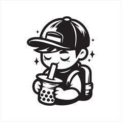 Cute Cartoon Character Enjoying a Bubble Tea Drink.