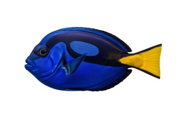 A striking Blue Tang fish gliding gracefully through the vast ocean its vibrant colors on transparent background