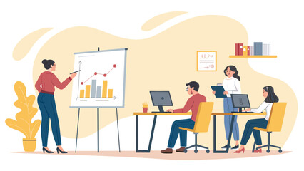 Business team meeting presentation, modern office illustration for website or brochure.