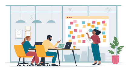 Diverse team brainstorming with sticky notes on a digital whiteboard, perfect for project management or teamwork websites.
