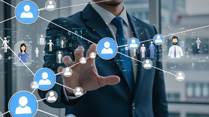 A professional interacting with digital networking elements. - Powered by Adobe