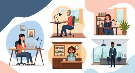 Diverse team working remotely from home offices, perfect for illustrating work from home concepts.