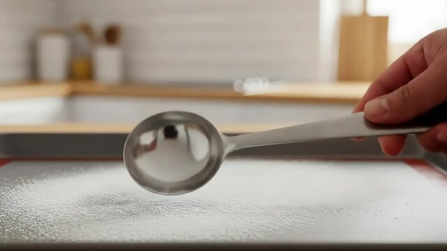 CloseUp Hand Gently Moves a Silver Spoon Across Powdered Sugar on Baking Tray.