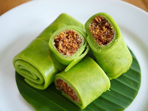 Vibrant Green Dadar Gulung. Classic Indonesian Pandan Pancake.