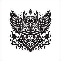 Fototapeta premium Ornate Owl Emblem with Protective Shield.