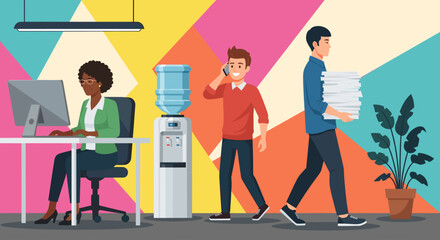 Diverse team working in a modern office, ideal for website banners, brochures, and presentations.