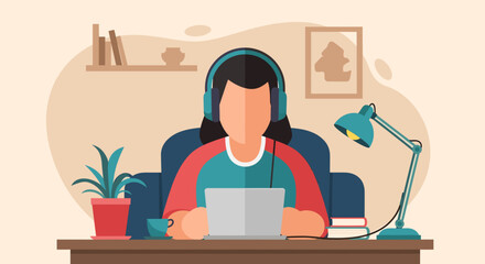 Person working from home on laptop with headphones. Perfect for blog posts about remote work, online education, or freelance life.