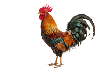 A proud rooster symbol of dawn and new beginnings radiates vibrant colors against a stark on transparent background