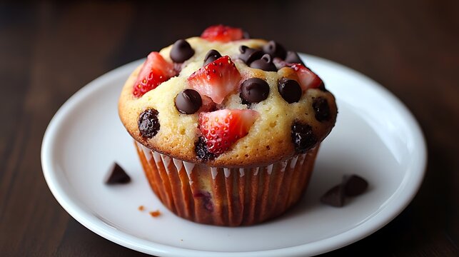 Freshly Baked Strawberry and Chocolate Chip Muffin on a White Plate