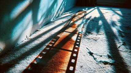 Una cinta de celuloide se extiende sobre la nieve, proyectando sombras dramáticas.
