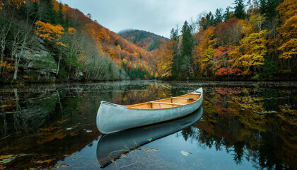 Solitary canoe floats on calm lake surrounded by vibrant autumn forest