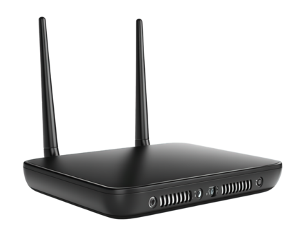 Sleek and modern black wireless router, featuring two antennas, elegantly depicted, ensuring strong digital connectivity on transparent background