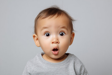 Adorable baby boy with surprised expression. Portrait of cute baby with surprised expression on isolated white background.