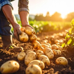 Farmer harvesting fresh potatoes during sunset in a rural field