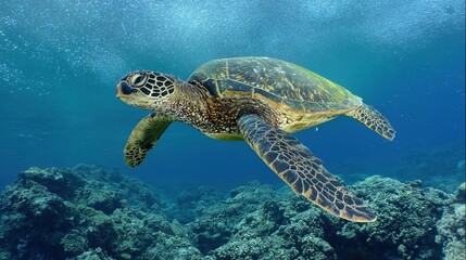 Obraz premium Hawaiian Green Sea Turtle Swimming in Clear Ocean with Coral Reef, Sunlight Filtering – Natural Underwater Scene for Marine Conservation & Travel