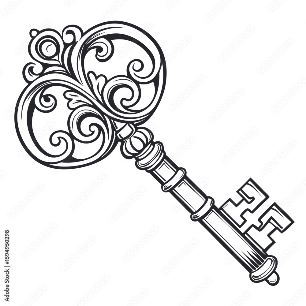 Poster skeleton key with intricate design, isolated on a clean background for mystery or access.