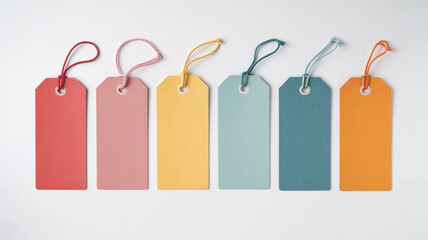 Collection of colorful blank gift tags with strings on a white background