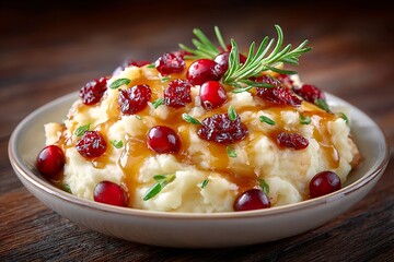 Thanksgiving mashed potatoes with gravy and cranberry, classic meal with rustic presentation, cozy holiday side dish for festive autumn dinner.