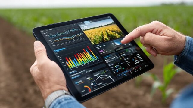 Smart Farming Innovation: A close-up shot of a hand interacting with a tablet displays agricultural data, with a backdrop of a vibrant.