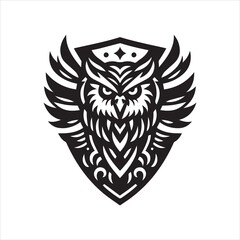 Obraz premium Stylized Owl Emblem with Geometric Feather Details and ShieldShaped Crest.