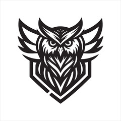 Fototapeta premium Stylized Owl Emblem Geometric Feathers and ShieldShaped Crest in Bold Black.